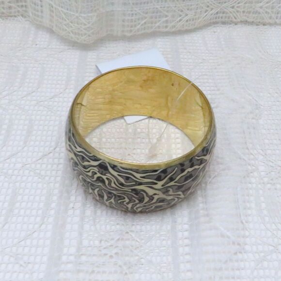 Wide Metal Bangle Bracelet with Tan and Black Pattern for Women Casual Chunky - Picture 2 of 6